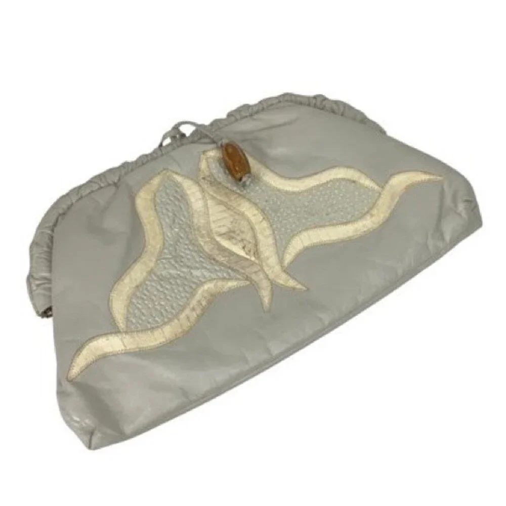 Vintage Grey Real Leather Clutch‎ Bag Boho Eighties Hippie Sexy Party Club